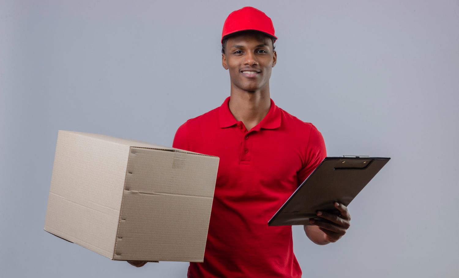 Cal delivery person holding a parcel and clipboard